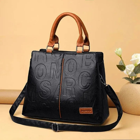 Solid Color Leather Cloth Letter Embossed Handbag Happy Phoenix