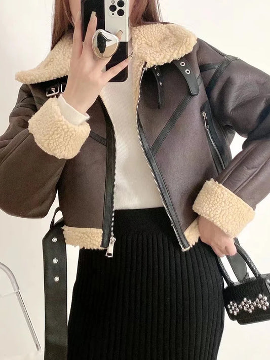 Thick Warm Faux Lamb Leather Fur Short Jacket with Belt Happy Phoenix