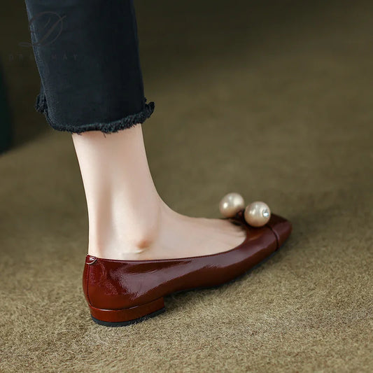 Leather Two Pearls Office Flats