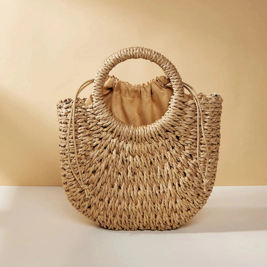 Handwoven Straw Rattan Half-Moon Beach Bag Happy Phoenix